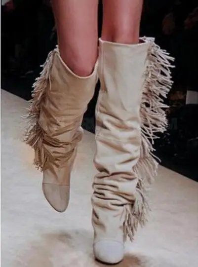 

Fashion White Knee High Boots Fringe Wedge Height Increaing Winter Women Boots Top Brand Round Toe Female Motorcycle Tassel Boot