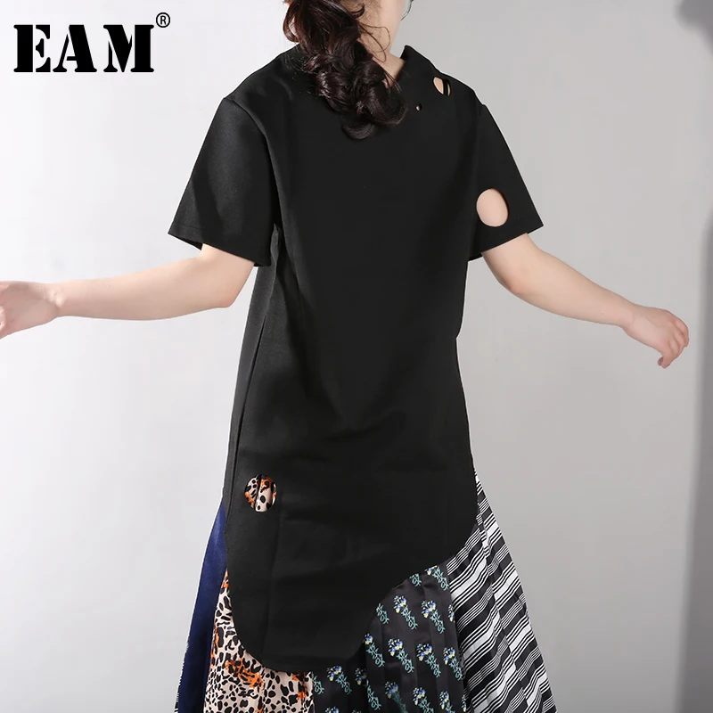 

[EAM] 2019 New Spring Summer Round Neck Short Sleeve Back Long Holes Loose Personality T-shirt Women Fashion Tide 47391