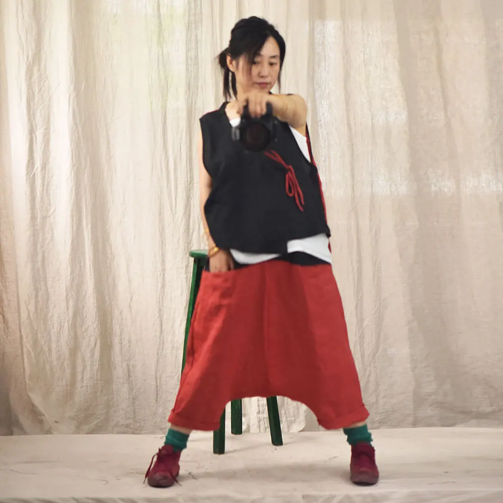 

Vintage Ramie Pants Women 2019 Summer New Loose Contrast Color Elastic Waist Female Korean Fashion Big Size Women Trousers