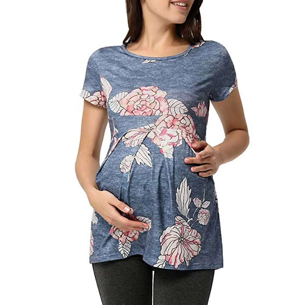 LONSANT Одежда для беременных женщин оборками Цветочные короткий рукав блузка для беременных женщин партия Мода топы для беременных Повседневная футболка