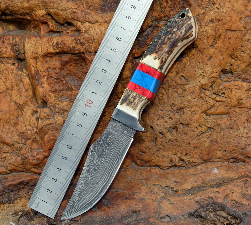 

Voltron Antler Damascus Steel Straight Knife, Outdoor Camping Multifunctional Knife, Collection Gift Knife