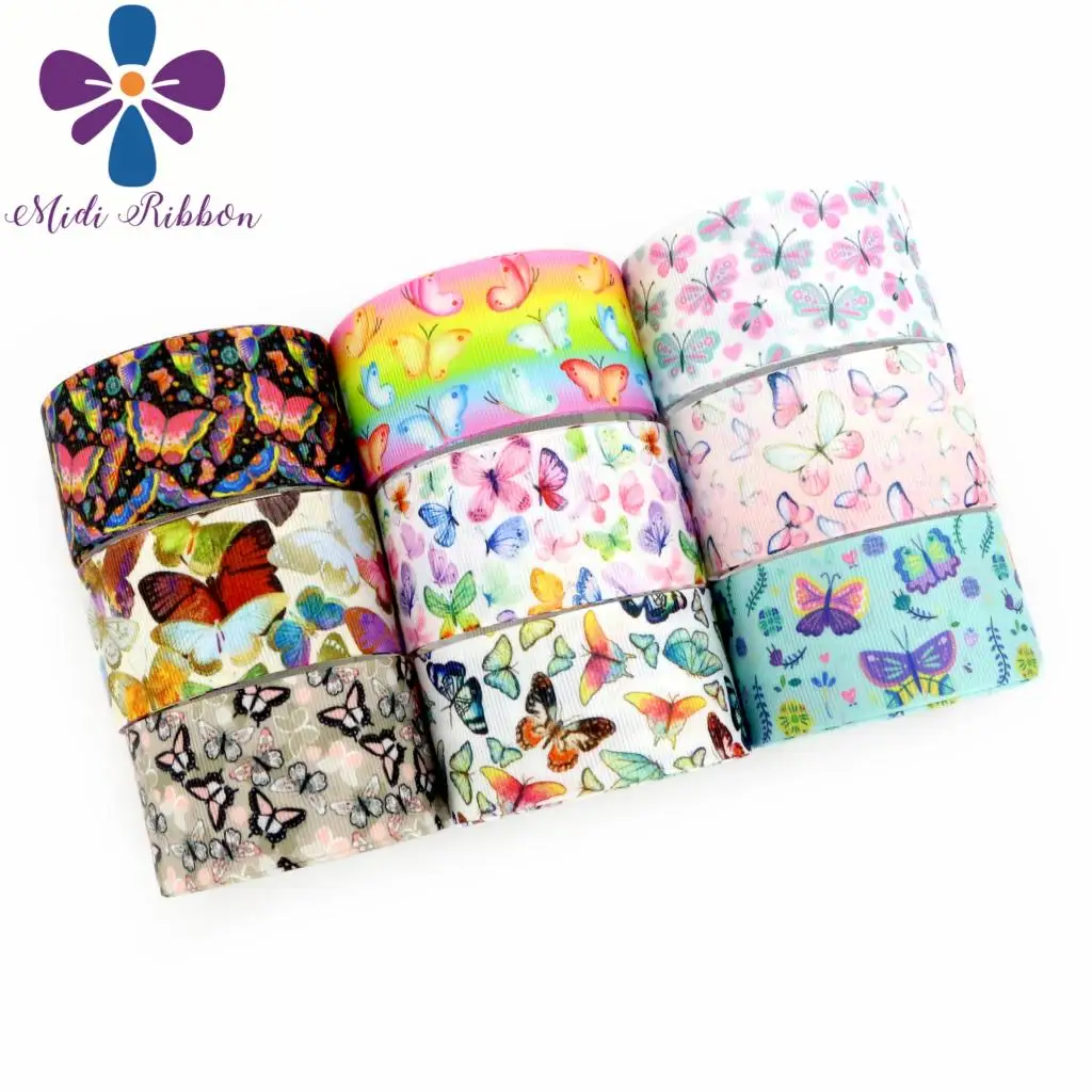

16mm-75mm Butterfly Series Spring Season Printed Grosgrain/Elastic Ribbon Rainbow Stripe Cute Animal DIY Hair Bands 50yards/roll