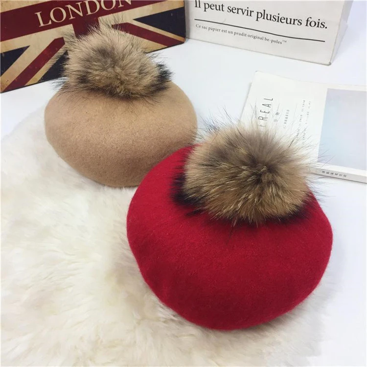 2018 Hat Female Autumn And Winter New Woolen Beret Raccoon Hair Ball Painter Hat Wild Fashion Cap For Women ACI102 (5)