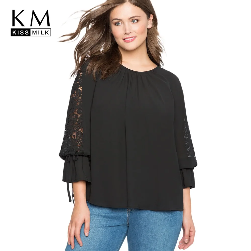 

Kissmilk 2018 Plus Size Patchwork Women Blouses Big Size Floral Lace O-neck Pleated Female Clothing Large Size Solid Lady Tops