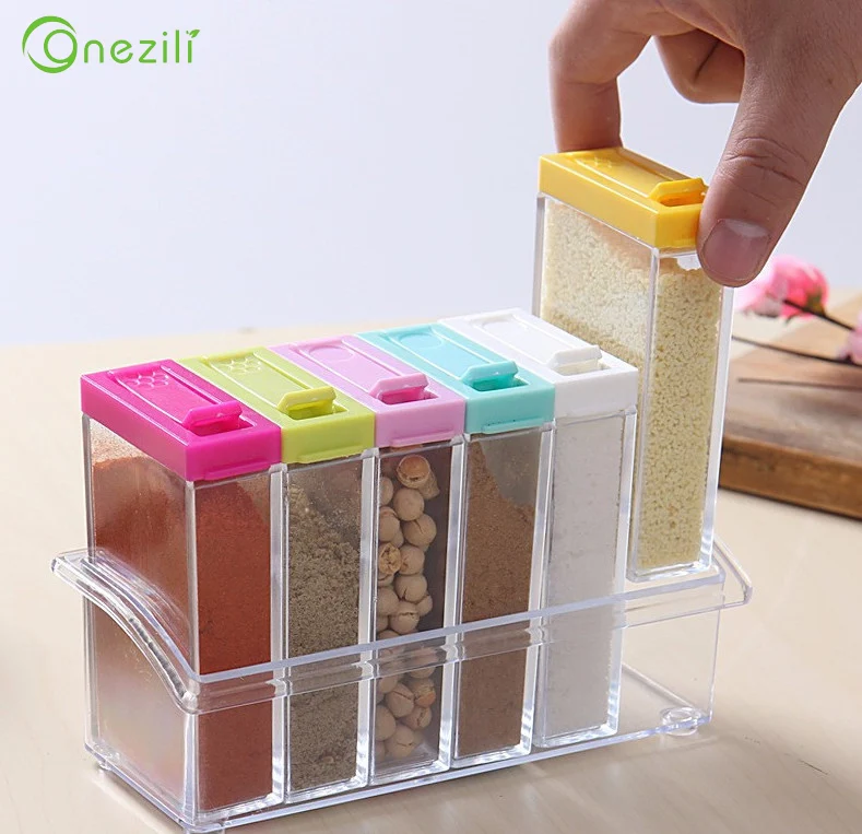 

Onezili Seasoning Storage 6pcs/set Transparent Russia Flavor Salt Pepper Bottle High Quality Acrylic Spice Holder Box