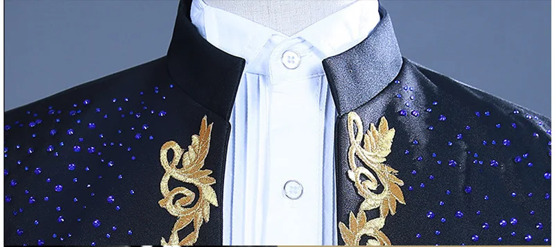 White Embroidered Diamond Suit Men Wedding Groom Tuxedo Suits Mens Stand Collar Prom Stage Costume Mens Suits with Pants Ternos