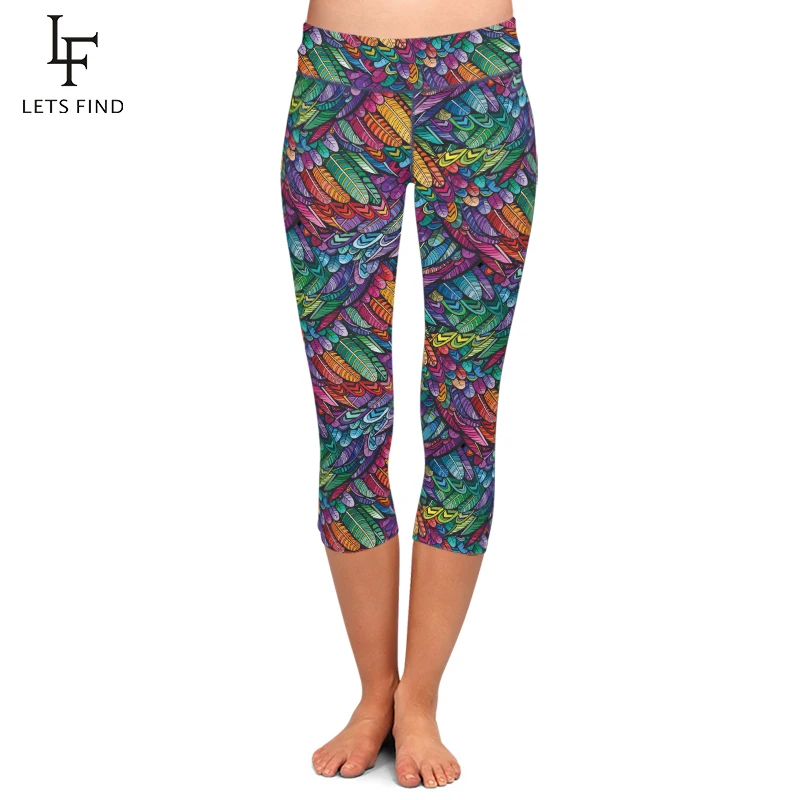 lululemon leggings LETSFIND Summer Style 3D Colorful Feathers Design Digital Printing Capri Leggings High Waist Women Mid-Calf 3/4 Pants Plus Size tights for women