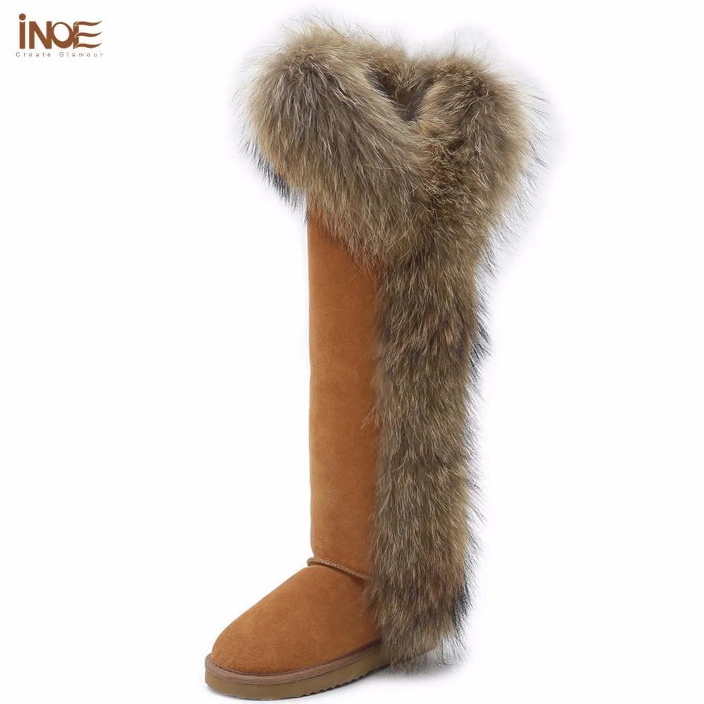INOE Fashion Style big girls fox fur tall thigh winter snow boots for women winter shoes cow suede leather long boots for party INOE Fashion Style big girls fox fur tall thigh winter snow boots for women winter shoes cow suede leather long boots for party