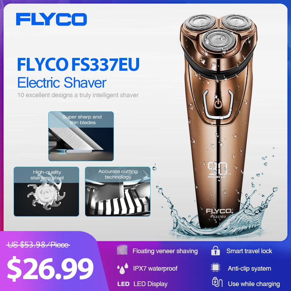 

FLyco 3D Floating Revolving Shaver Washable Body Pop-Up Trimmer Shaving Machine For Men FS337EU Electric Razor Sideburns Cutter