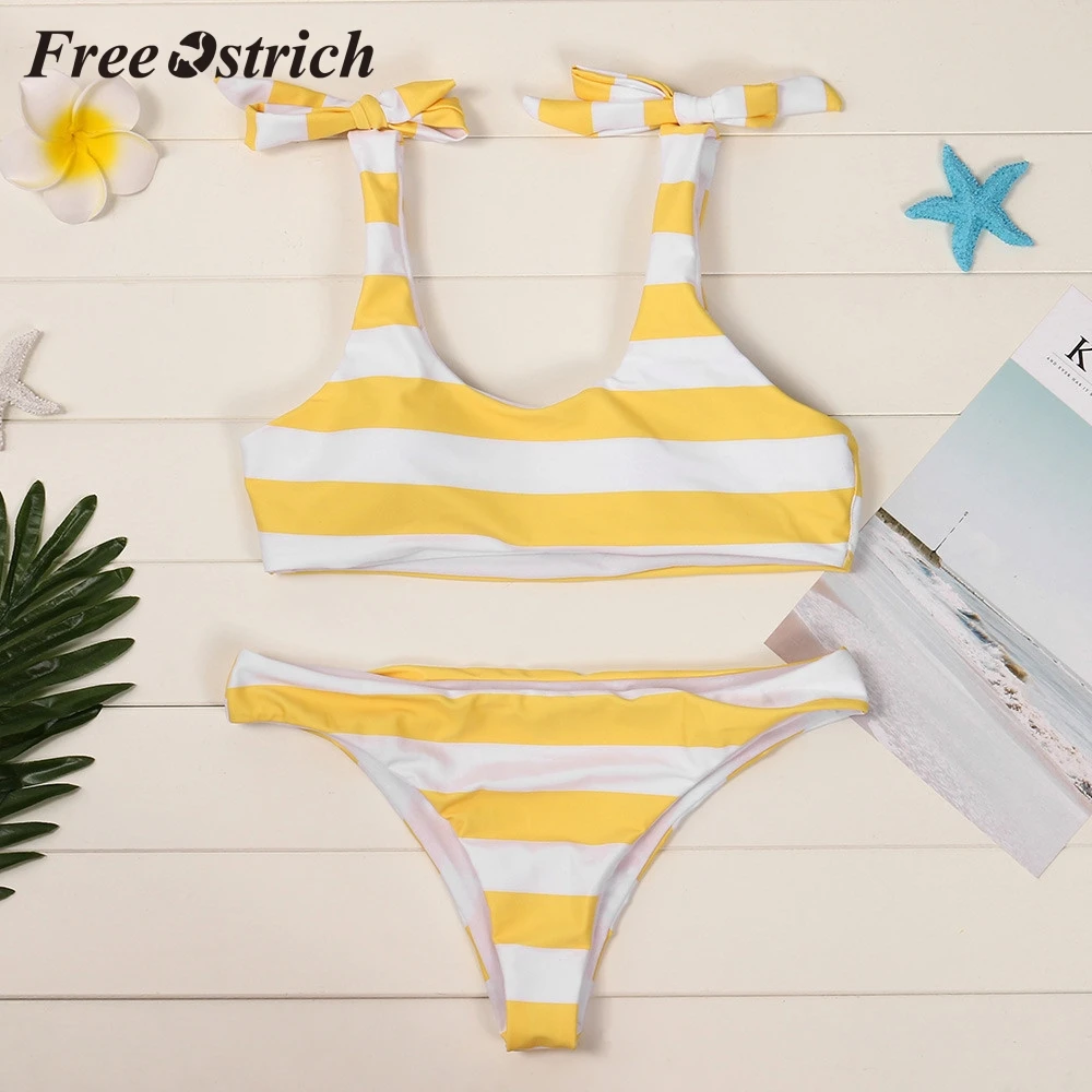 

Free Ostrich Hot Sales Women Swimwear Push-up Padded Yellow Bra Beach Casual suit Sexy Striped Swimwear Fresh Color Bow Suit