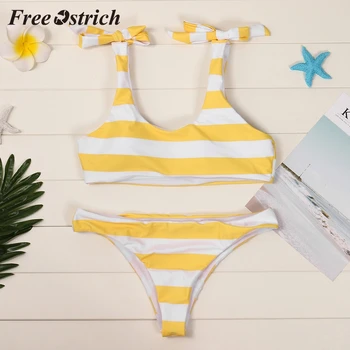 

Free Ostrich Hot Sales Women Swimwear Push-up Padded Yellow Bra Beach Casual suit Sexy Striped Swimwear Fresh Color Bow Suit