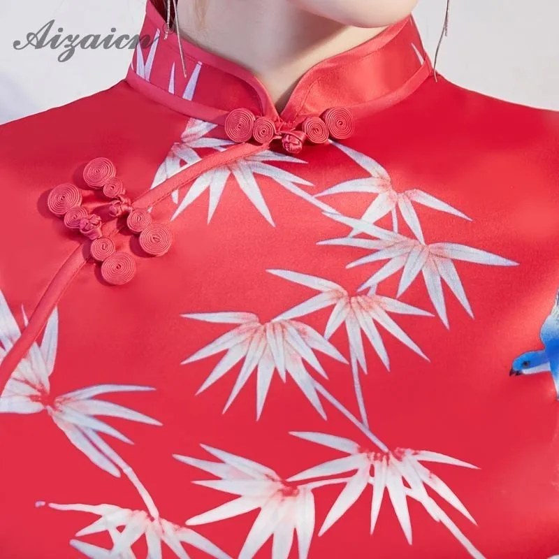 Модные Красные Элегантные короткие Cheongsam Современные платья с принтом Qi Pao Женская Китайская традиционная одежда аналогичное шелковое