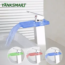 YANKSMART Водопад светодиодный стеклянный высокий w/батареи хромированный на бортике с одной ручкой Ванная раковина кран смеситель