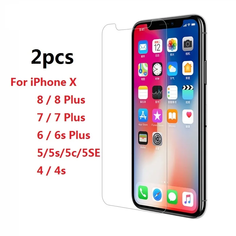 

2x Tempered Protective Glass For iPhone X 6 6s 7 Plus 5 SE 5S 5C 4 4s 8 Plus Glass Screen Protector Protection Foil Film Saver