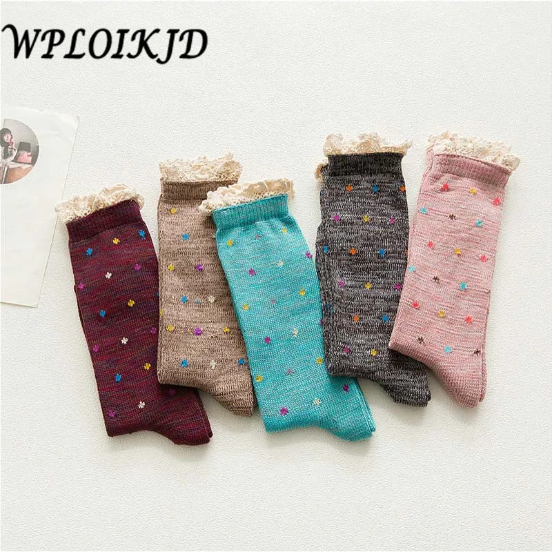 

[WPLOIKJD]Harajuku Heap Heap Calcetines Novelty Funny Socks College Style Colorful Point Cotton Meias Long Lace Socks Women