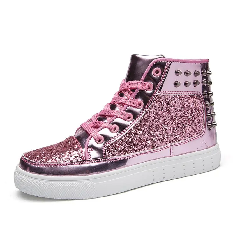 Новинка; сезон весна-осень; женская модная обувь на плоской подошве; блестящая обувь с заклепками и блестками; Женская удобная повседневная обувь на шнуровке; нескользящая спортивная обувь - Цвет: Pink