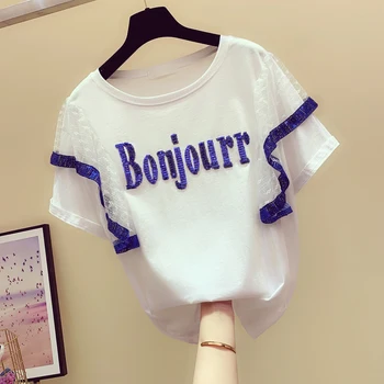 

Summer Shirts Woman 2019 New Korean Sequin Letter Printing Loose Short-sleeved T-shirts with Slender Lace Stitching Tshirt Top