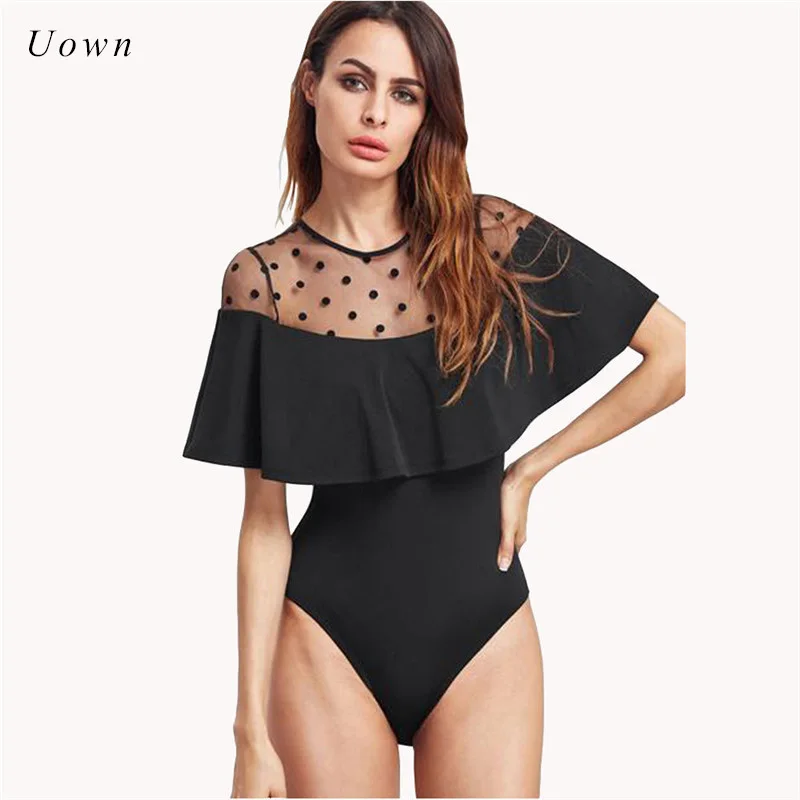 كشكش قصيرة الأكمام بقماش شفاف أسود داخلية النساء البولكا نقطة طباعة Bodycon يوتار قمم ارتداءها قميص قطعة واحدة Playsuits XL