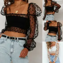 Women Floral Embroidery Mesh Sheer See-through Long Sleeve Crop Top Shirt Blouse S-XL trendy long sleeve high low see through pure color blouse for women