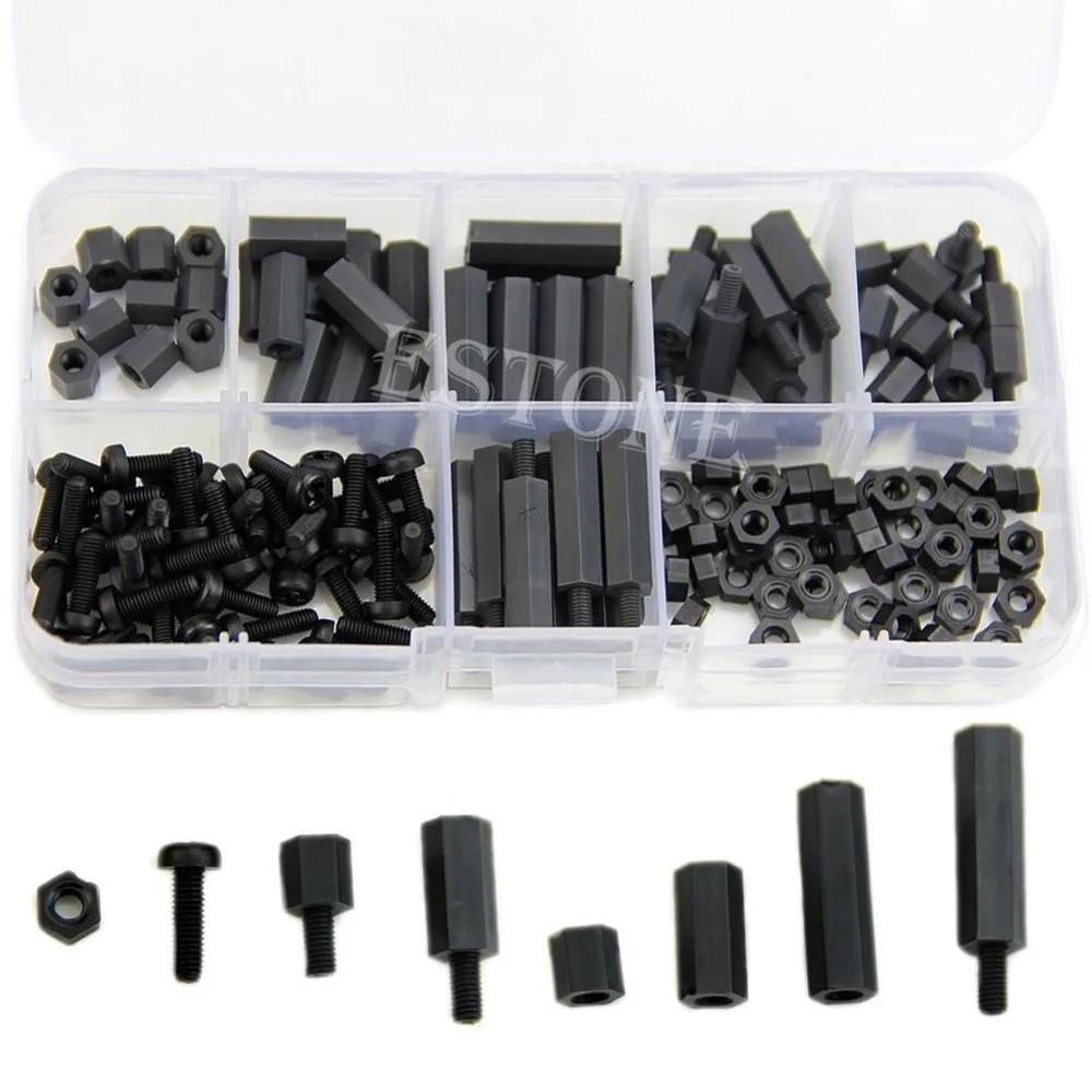 

160Pcs M3 Nylon Black M-F Hex Spacers Screw Nut Assortment Kit Stand off Set Box