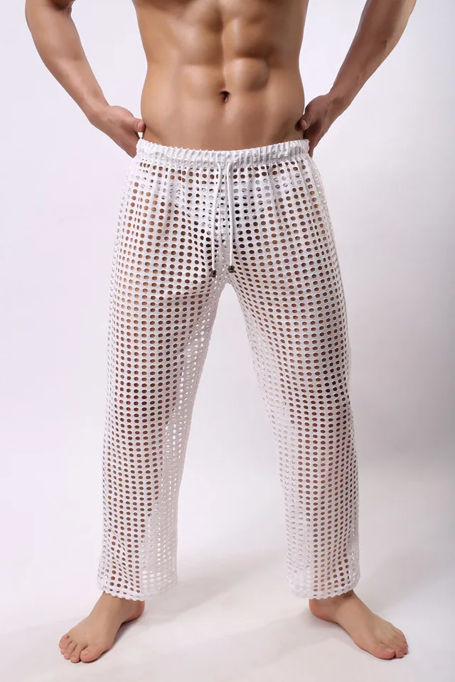 Для мужчин пикантные mesh sheer Lounge Брюки для девочек пикантные длинные Брюки для девочек Для мужчин повседневные штаны мягкие удобные Пижамные штаны для мужчин Домашняя одежда Брюки для девочек - Цвет: Белый