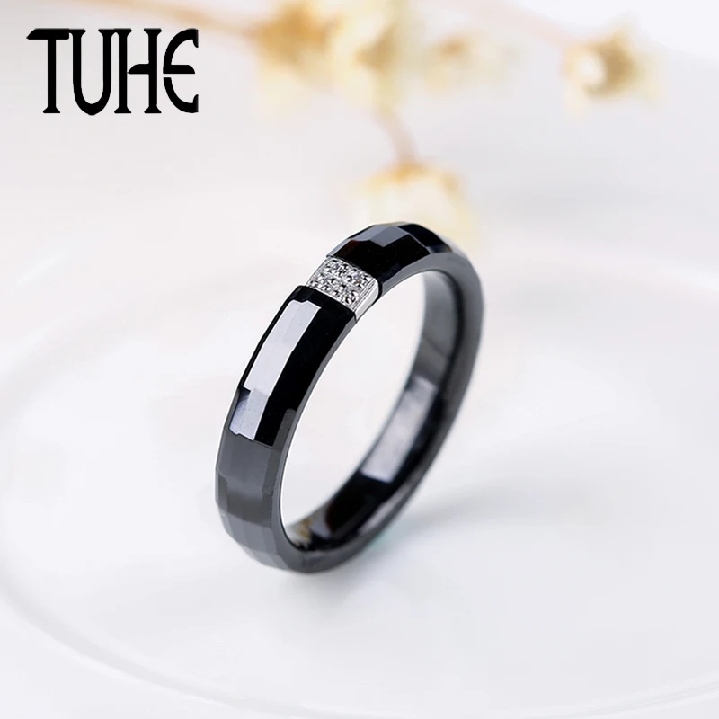 

New Rectangle Cut Surface Ceramic Rings Black Color Healthy Ceramic Material Never Fade Jewelry For Women Crystal Accessories