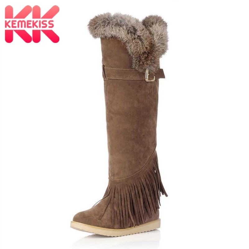 

KemeKiss 5 Colors Size 34-43 Women Flats Boots Metal Buckle Fringes Plush Fur Winter Botas Fashion Knee Boots Women Footwear