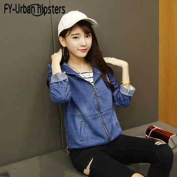 

hooded denim jacket women splice jean coat Korean version loose female boyfriend short denim jackets with zipper spring autumn