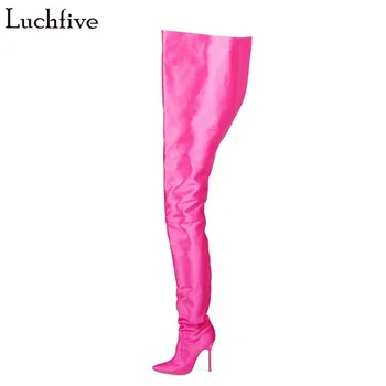 

Luchfive Fluorescent Pink High Waist Boots Over The Knee Elastic 11 cm Heels Women T-show Long Sock Boots for Woman 2019 Spring