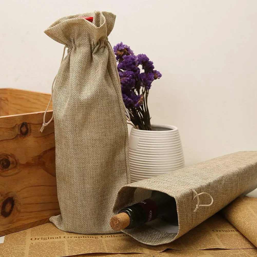 Pack of 10 Linen Wine Bottle Covers with Drawstring 13.8 inch x 5.9 inch jute wine bag Holder Carrier for gifting and decorating