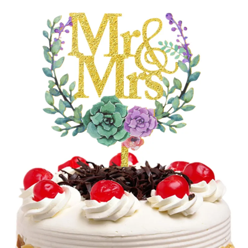 New Arrival Mr &  Mrs Painted Acrylic Wedding Cake Topper Flower Flags Engagement Aniversary Party Cake Decor Supplies Creative