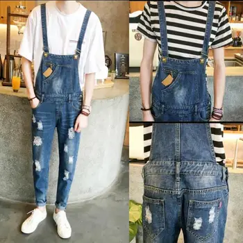 

2019 new hole denim susperdens pants Korean version of the feet pants tide men's self-cultivation tooling suspenders pants