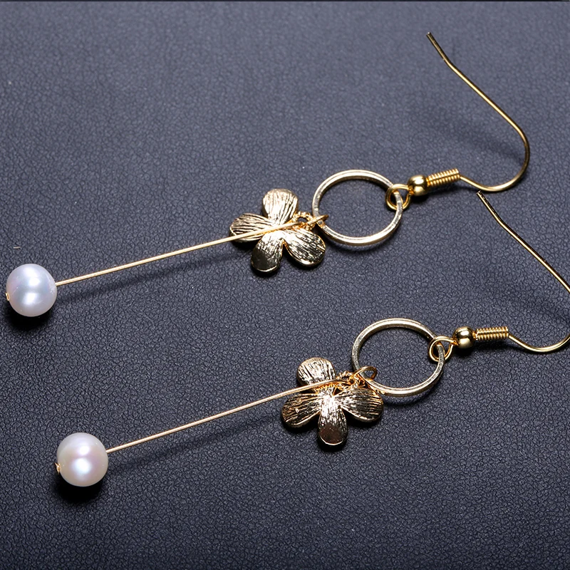 

DAIMI Female Handmade Eardrop Butterfly Design Jewelry 6-7mm Nearly Round Freshwater Pearl Earrings High Quality Jewelry
