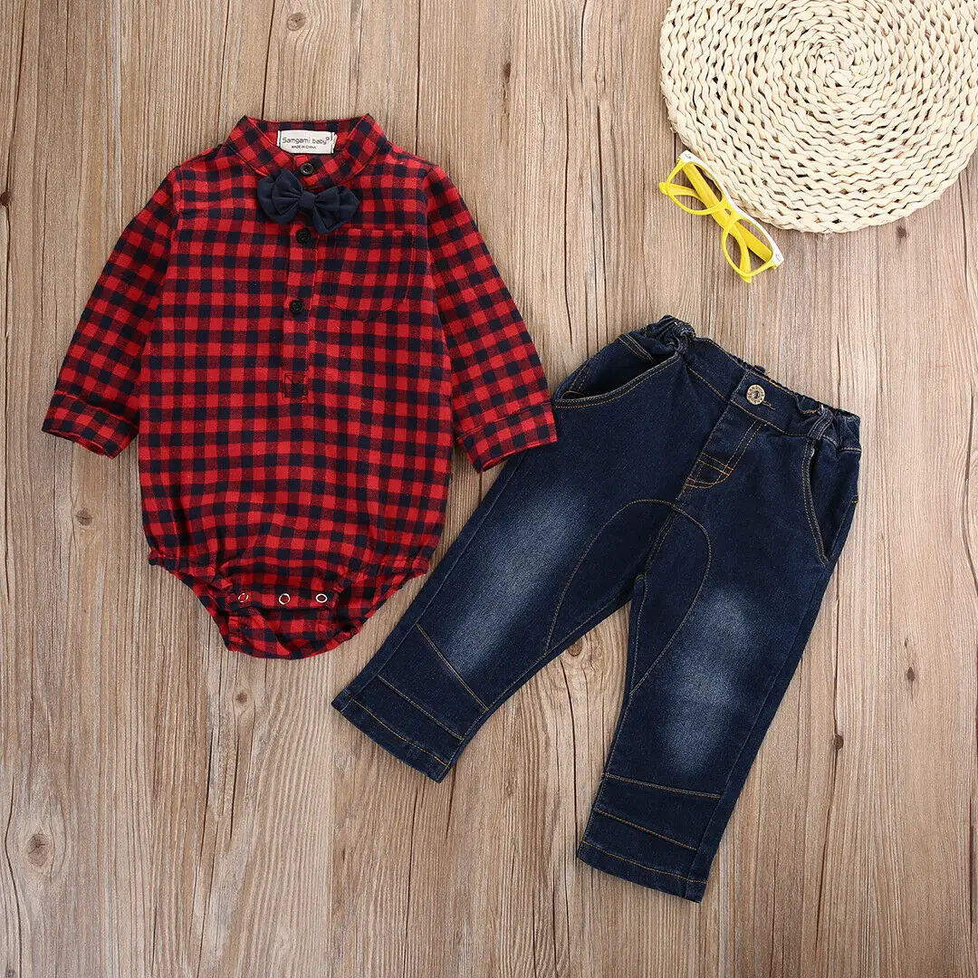 

2PCS Newborn Baby Boy Clothes Bodysuit Plaid Bowknot Tops Jeans Pants Outfits Set