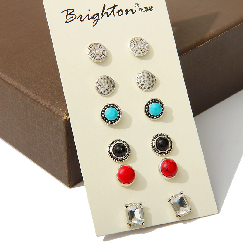 Fashion accessories stud earring pack set 6pairs round eyes silver