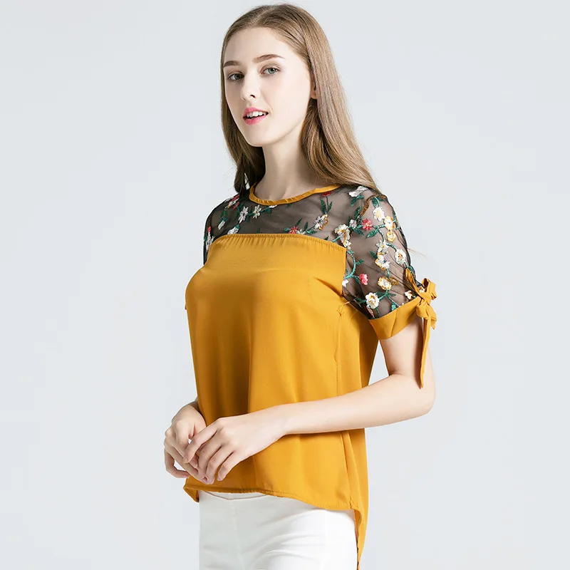 

Solid Color Slim Head Embroidered Chiffon Shirt Lace T-shirts Female Fashion Casual Elegant Summer 2019 Women's Clothing TShirts