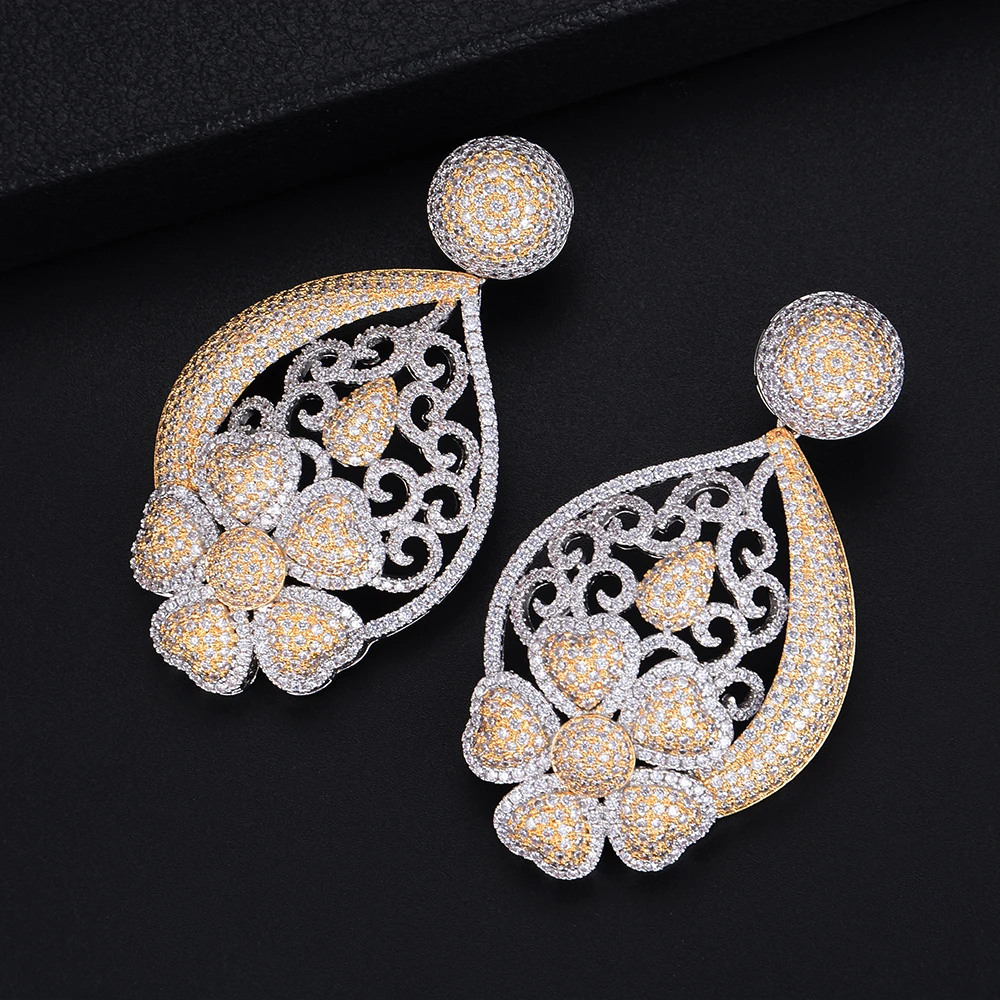 

Trendy Flower Shape Hollow Three Tones Full Cubic Zirconia Long Dangle Earings Women Wedding Bridal Jewelry
