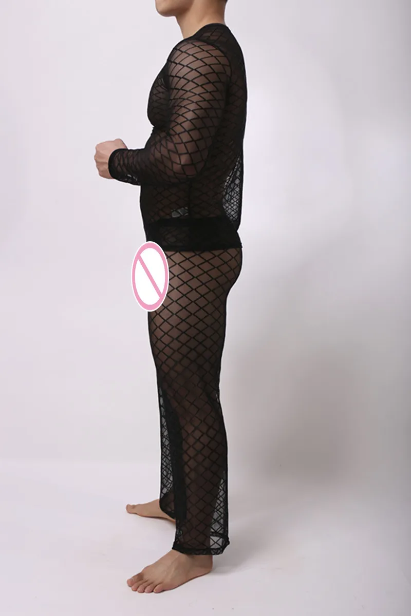 Fashion Men's Mesh Argyle Transparent Sleep Pajama Sets Sexy Bodybuilding T Shirts And Long Pants men's cotton pajama pants with pockets