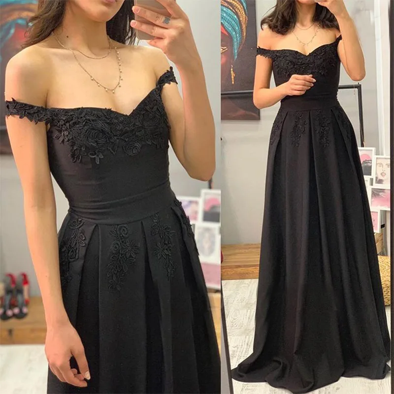 

Off Shoulder Black Champagne Long Prom Dress Appliques A-line Women Formal Party Dress Floor Length Robe De Soiree New 2019