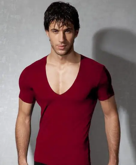 Мужская летняя однотонная облегающая футболка с глубоким v-образным вырезом и коротким рукавом