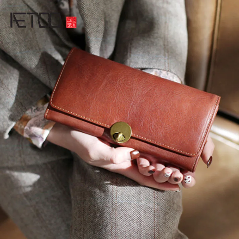 

AETOO Leather Retro long Money clip, Lady Simple ultra-thin literary handmade cowhide wallet