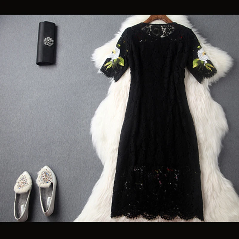 Летнее черное кружевное длинное платье для женщин, дизайнерская одежда для подиума, вечерние платья миди с цветочной вышивкой, платья, туника размера плюс