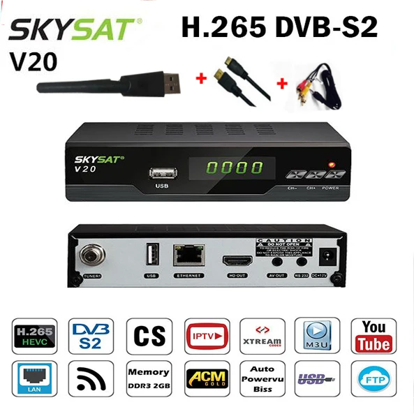 

SKYSAT V20 DVB-S2 Satellite Receiver H.265 HEVC no iks,no sks LAN Support CCam Mgcam IPTV M3u Youtube Autoroll Powervu Biss