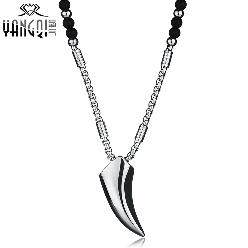 Norse Vikings Wolf Teeth Pendant Necklaces Silver Stainless Steel Chain Black Stone Strand Beads Necklaces Ethnic Jewelry Men Norse Vikings Wolf Teeth Pendant Necklaces Silver Stainless Steel Chain Black Stone Strand Beads Necklaces Ethnic Jewelry Men
