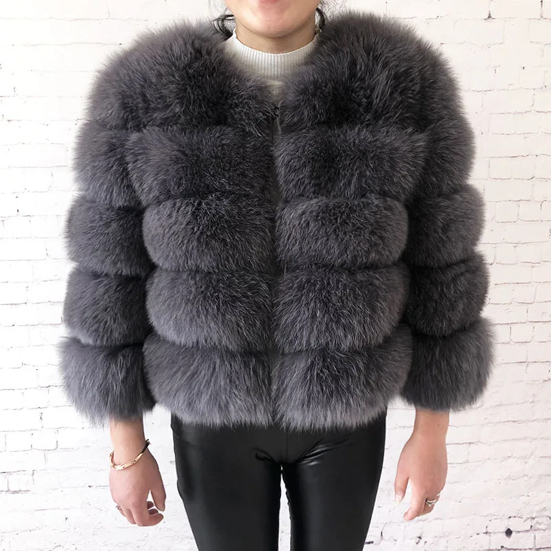Высококачественное натуральный мех лисы пальто, женская зимняя модная теплая кожаная Шуба с натуральным мехом, короткая куртка с рукавами - Цвет: Medium gray