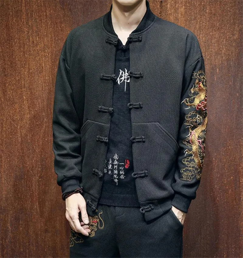 

Youth baseball suit collar jacket with dragon embroidery plate jacket Chinese Style Men Jacket Coat Dragon Embroidery 5XL Men Ja