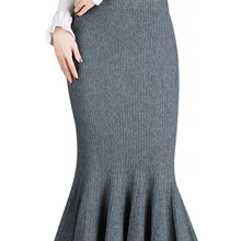 Осенне-зимняя вязаная женская юбка русалки, новинка, черная, серая, абрикосовая, средняя длина юбки, эластичная, высокая талия, женская элегантная юбка с оборками