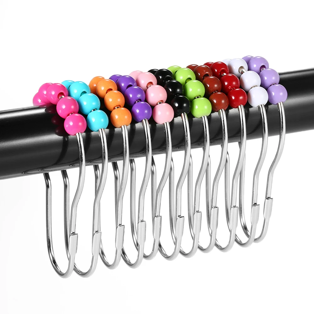 12 Pcs Set Stainless Steel Bathroom Shower Curtain Rings Hooks with Roller Ball
