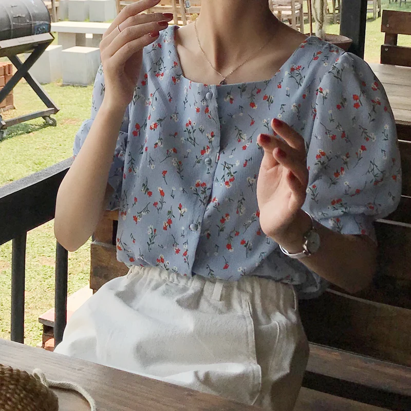 

2 colors 2019 summer korean sweet style floral print tops womens short sleeve shirts womens blouses (CC6383)