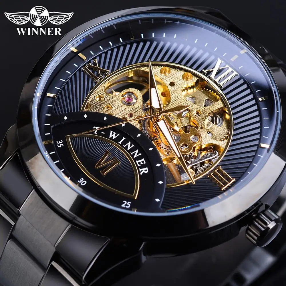 Skup Zwycięzca 2019 zegarek męski automatyczny mechaniczny Luminous ręcznie szkielet biznes czarny pasek ze stali nierdzewnej zegarki Relogio Masculino
